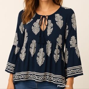 Altard State Size Small Boho Peasant Top Loose Fit Dark Blue Bell Sleeves